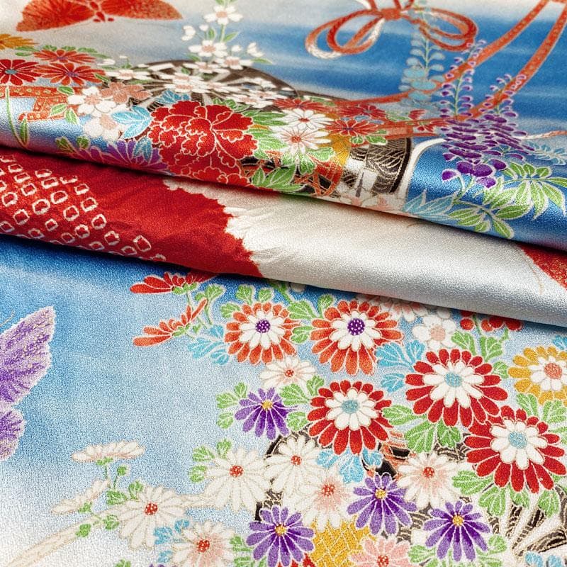 511ag45◎七五三 七歳 女児 着物&袋帯&長襦袢 部分絞り 花車 白水色◎