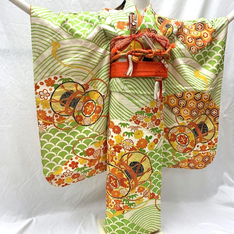 512ag32□七五三 七歳 女児 着物&袋帯&長襦袢 鼓 青海波□状態良好