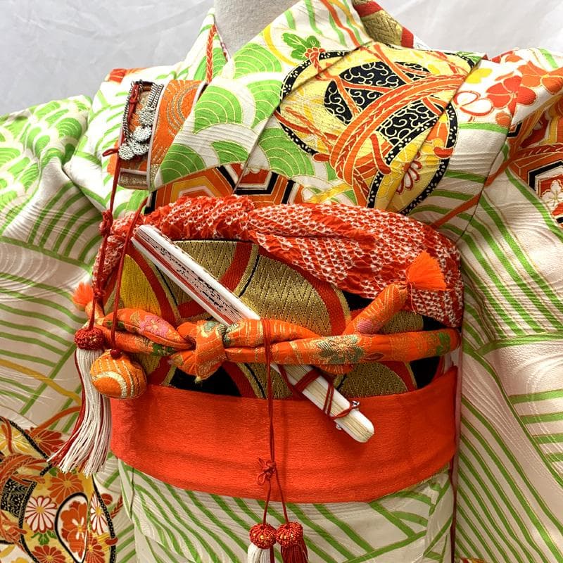 512ag32□七五三 七歳 女児 着物&袋帯&長襦袢 鼓 青海波□状態良好