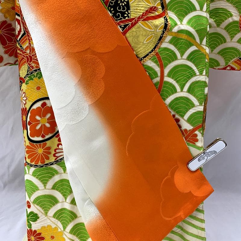 512ag32□七五三 七歳 女児 着物&袋帯&長襦袢 鼓 青海波□状態良好