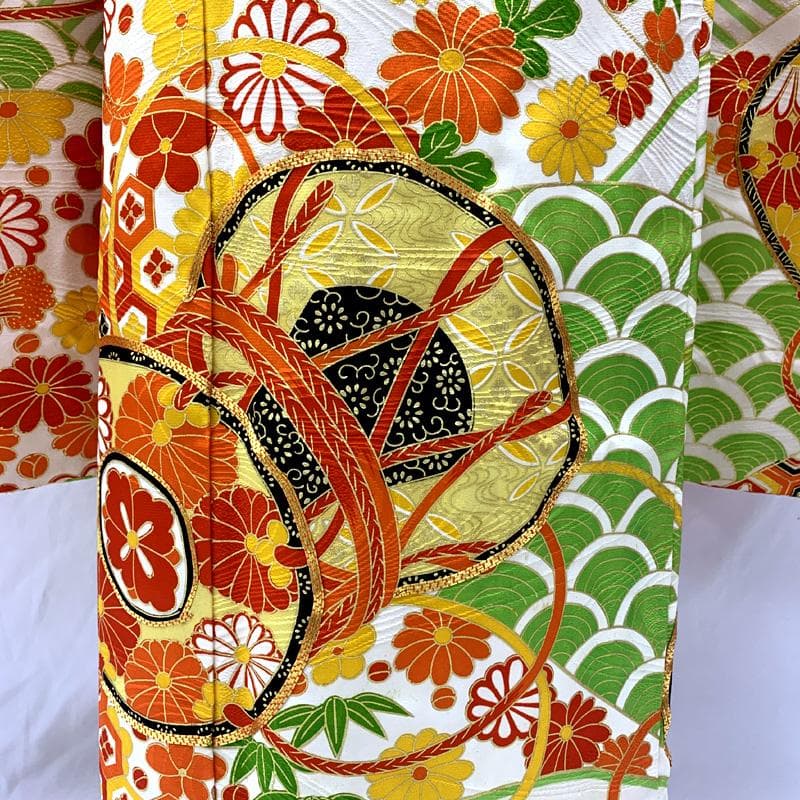 512ag32□七五三 七歳 女児 着物&袋帯&長襦袢 鼓 青海波□状態良好