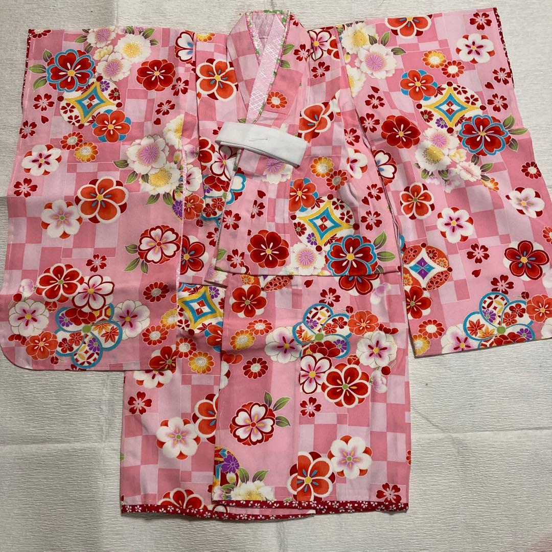 七五三　正絹　3歳用着物長襦袢被布草履バッグセット　梅桜花　赤　ピンク　金　女