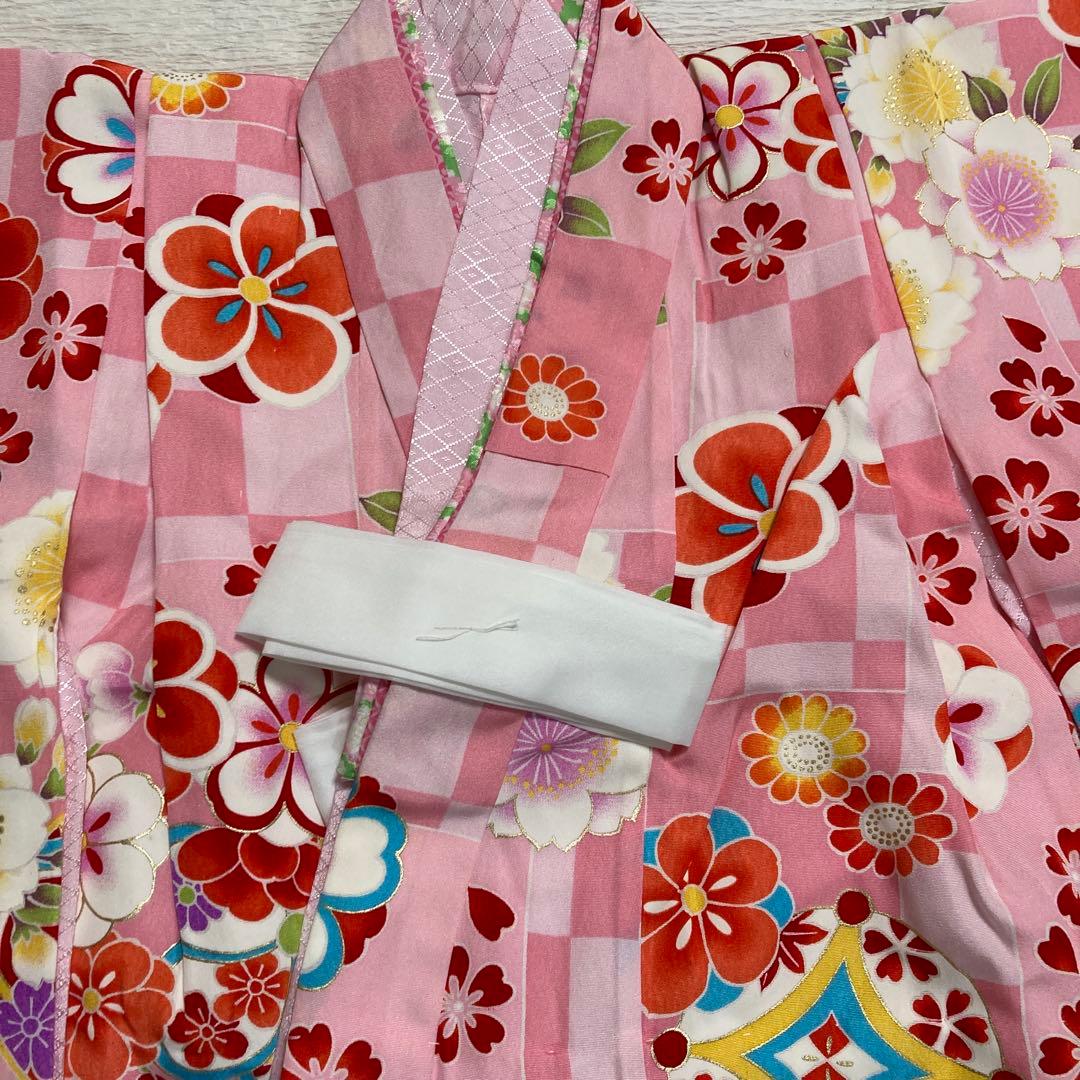 七五三　正絹　3歳用着物長襦袢被布草履バッグセット　梅桜花　赤　ピンク　金　女