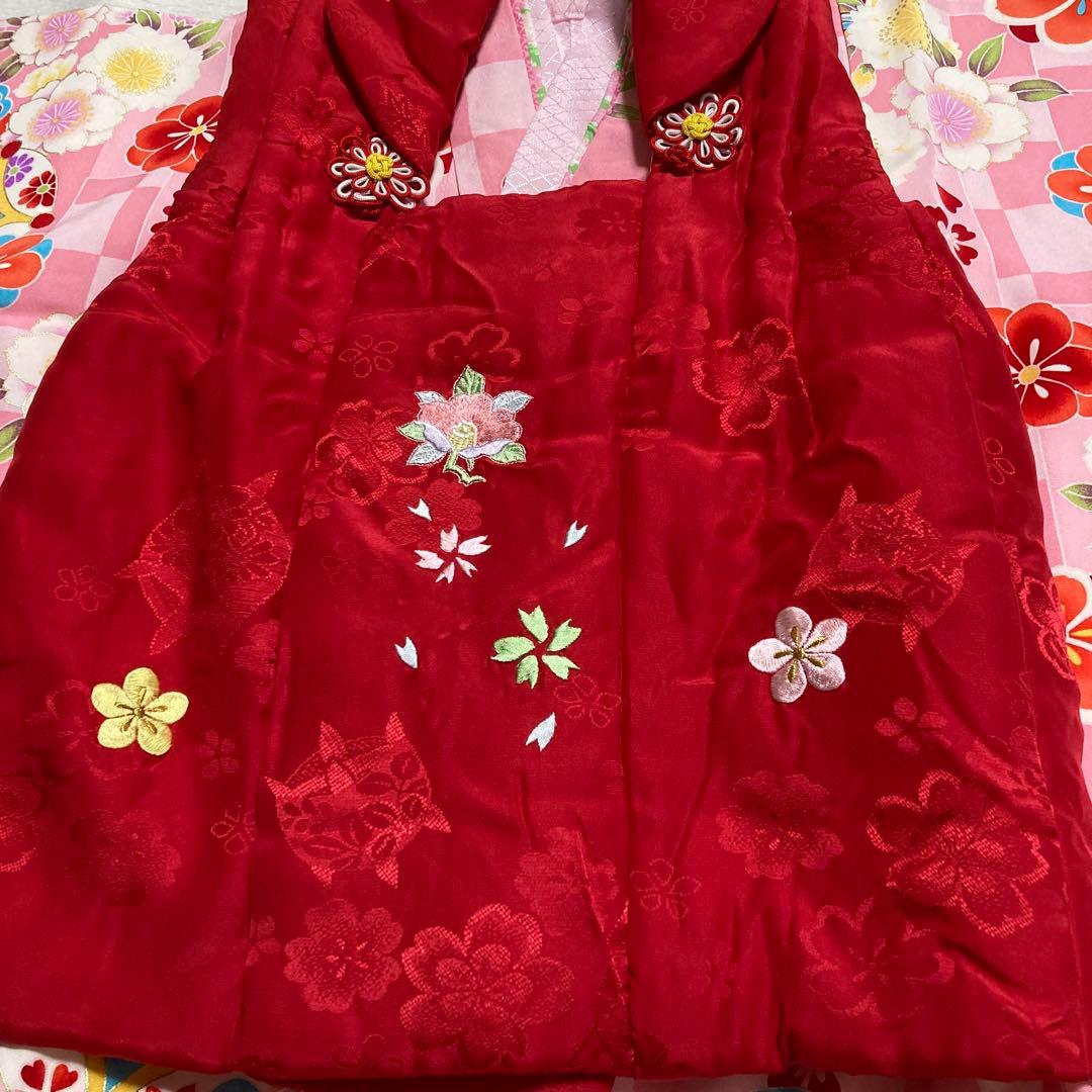 七五三　正絹　3歳用着物長襦袢被布草履バッグセット　梅桜花　赤　ピンク　金　女
