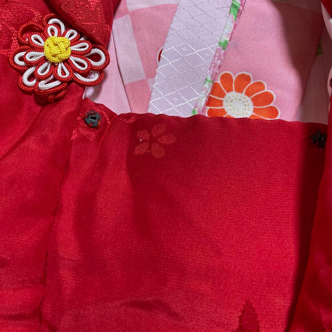 七五三　正絹　3歳用着物長襦袢被布草履バッグセット　梅桜花　赤　ピンク　金　女
