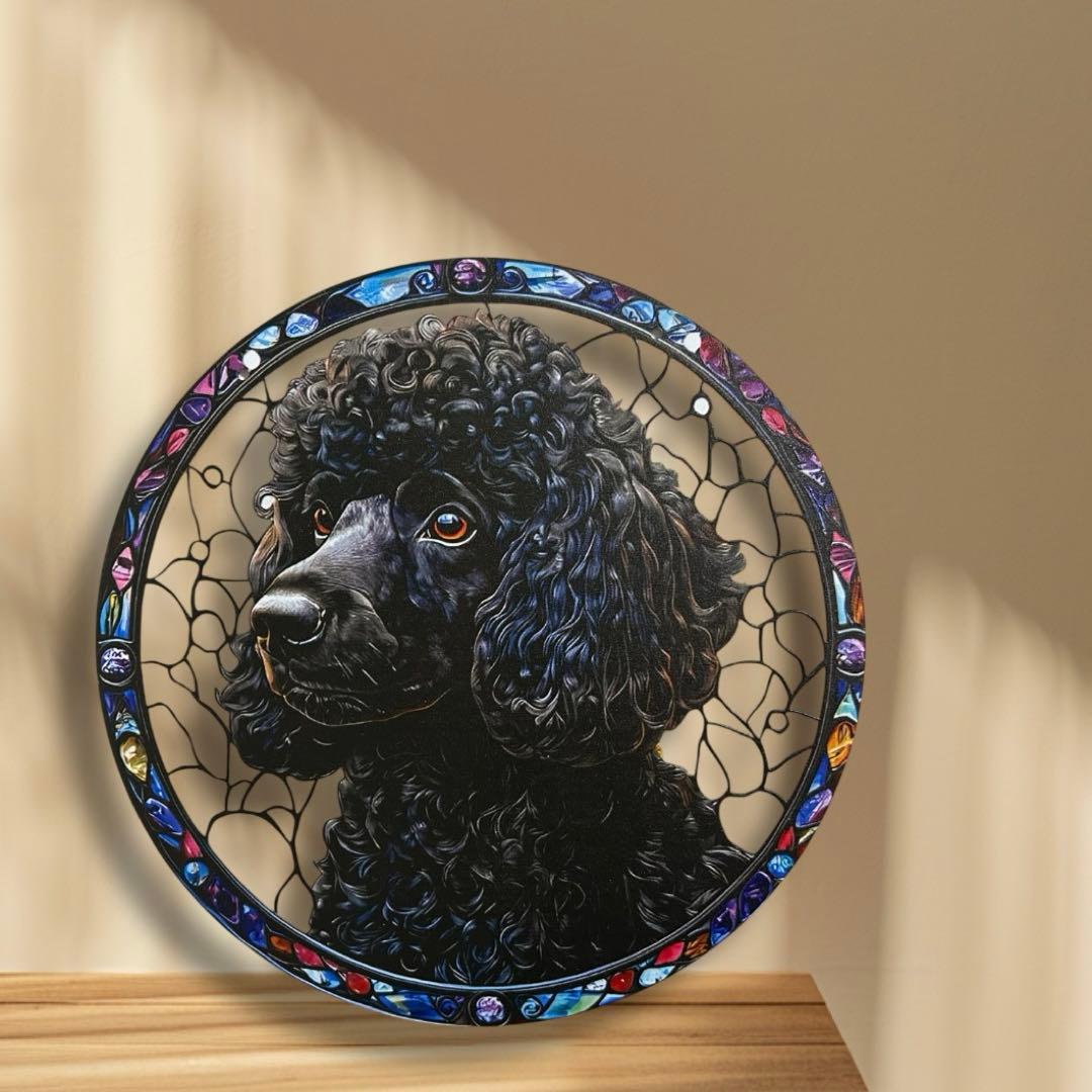 新品 黒 プードル 犬 ステンドグラス風 サンキャッチャー 犬雑貨 犬