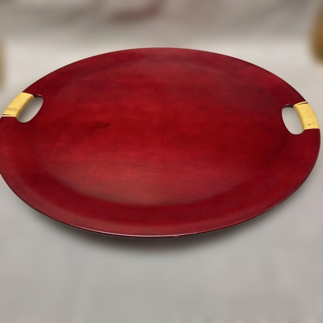 特大サイズ　シンプル　時代朱漆　丸盆　取っ手付　直径43㎝　輪島塗菓子盆お盆