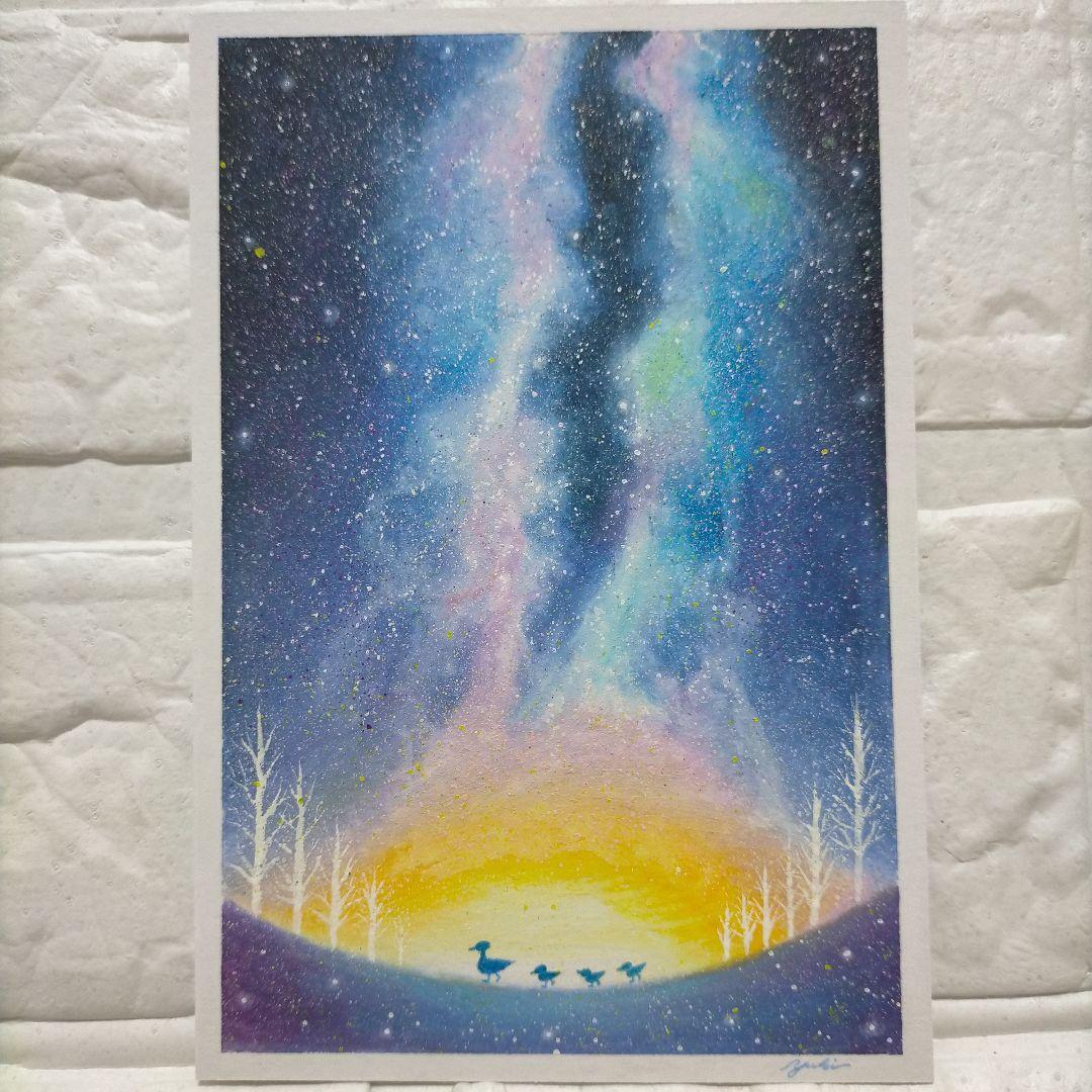カルガモ親子と天の川 風景画 オイルパステル画 原画 ハガキサイズ
