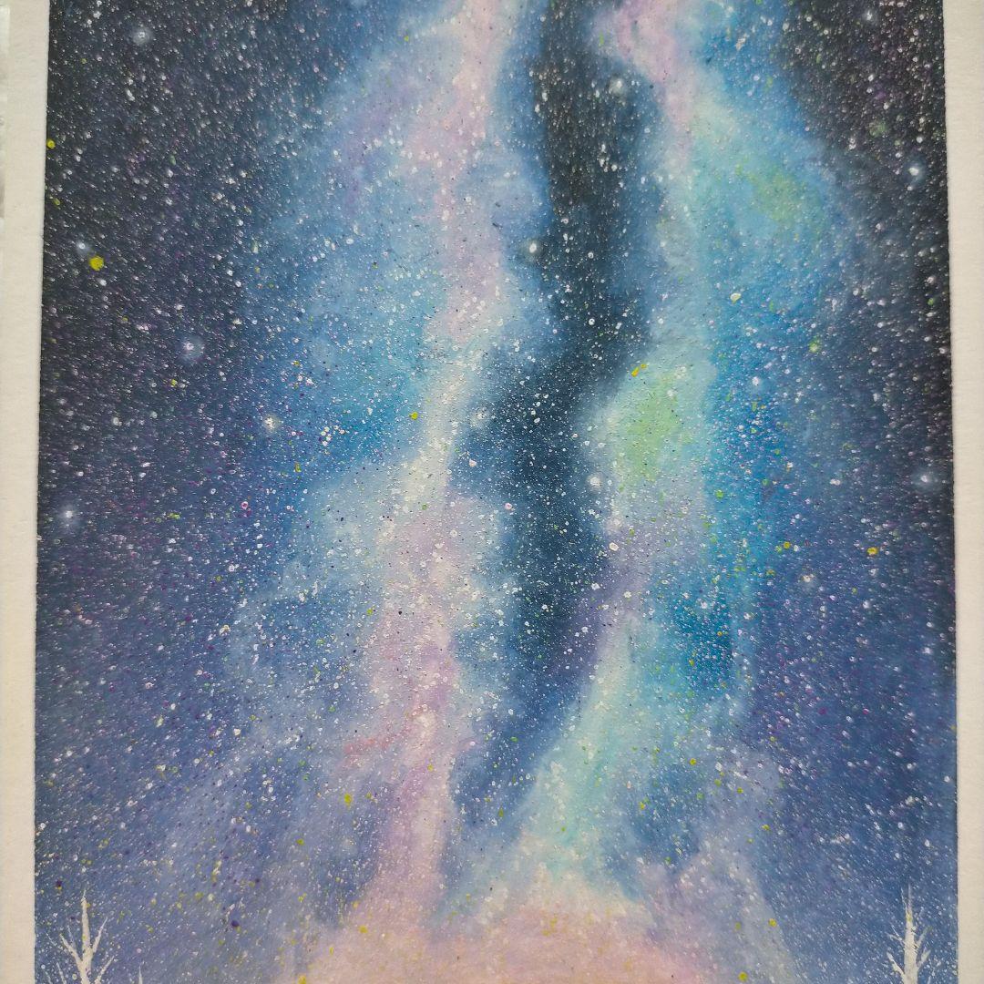 カルガモ親子と天の川 風景画 オイルパステル画 原画 ハガキサイズ