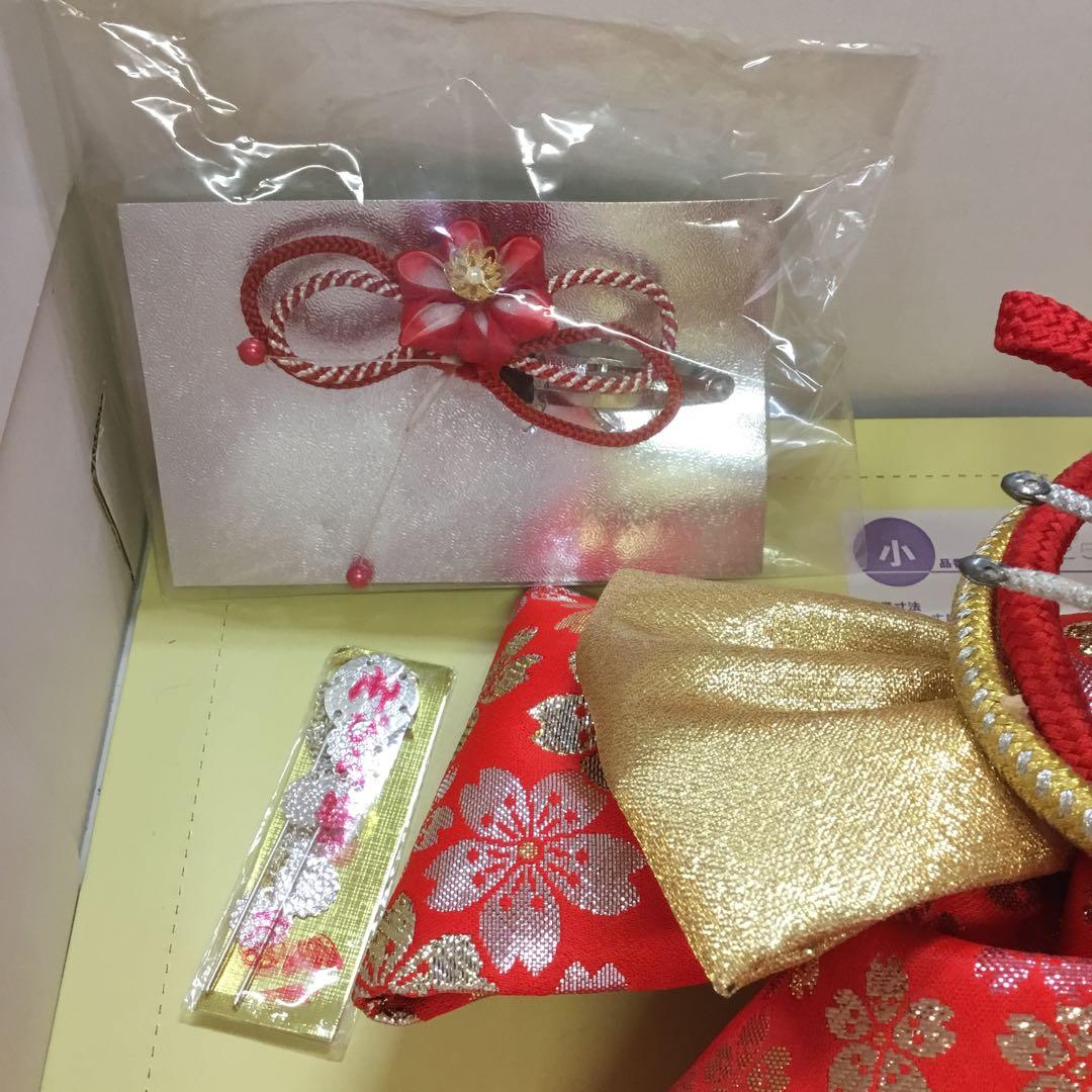 【新品未使用】3歳七五三衣装セット 赤と金　ポリエステル　9点セット