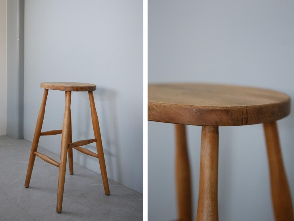 英国アンティーク木製スツール/丸椅子イス/踏み台/腰掛け/飾り棚(92-107)