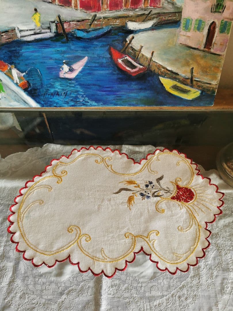 アンティークフランス 矢車菊と麦のエンブロイダリー 縮緬風生地