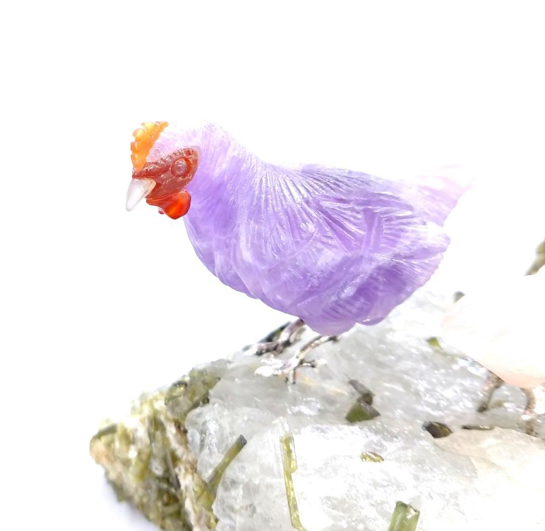 【開運】縁起　彫刻　癒し　親子鶏　甲州水晶貴石細工　インテリア　置物
