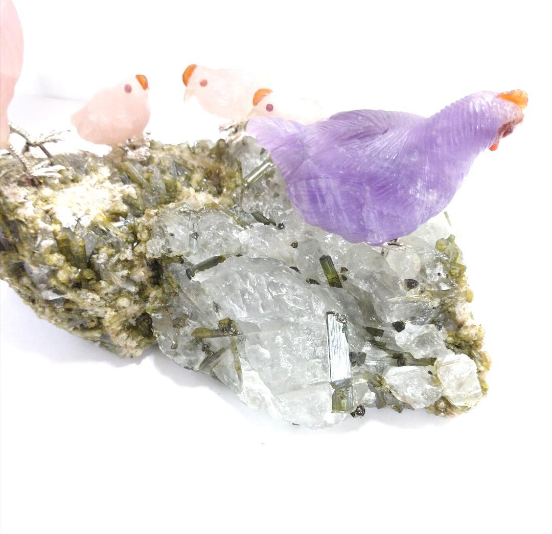 【開運】縁起　彫刻　癒し　親子鶏　甲州水晶貴石細工　インテリア　置物