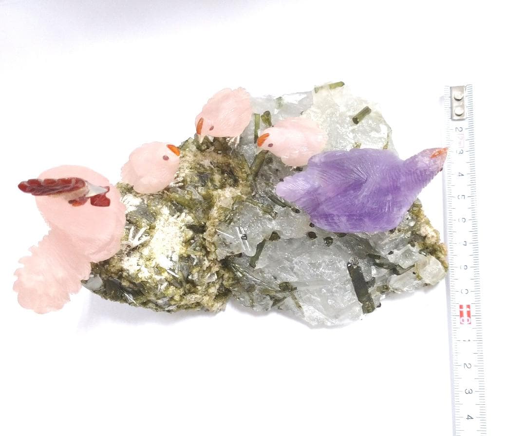 【開運】縁起　彫刻　癒し　親子鶏　甲州水晶貴石細工　インテリア　置物