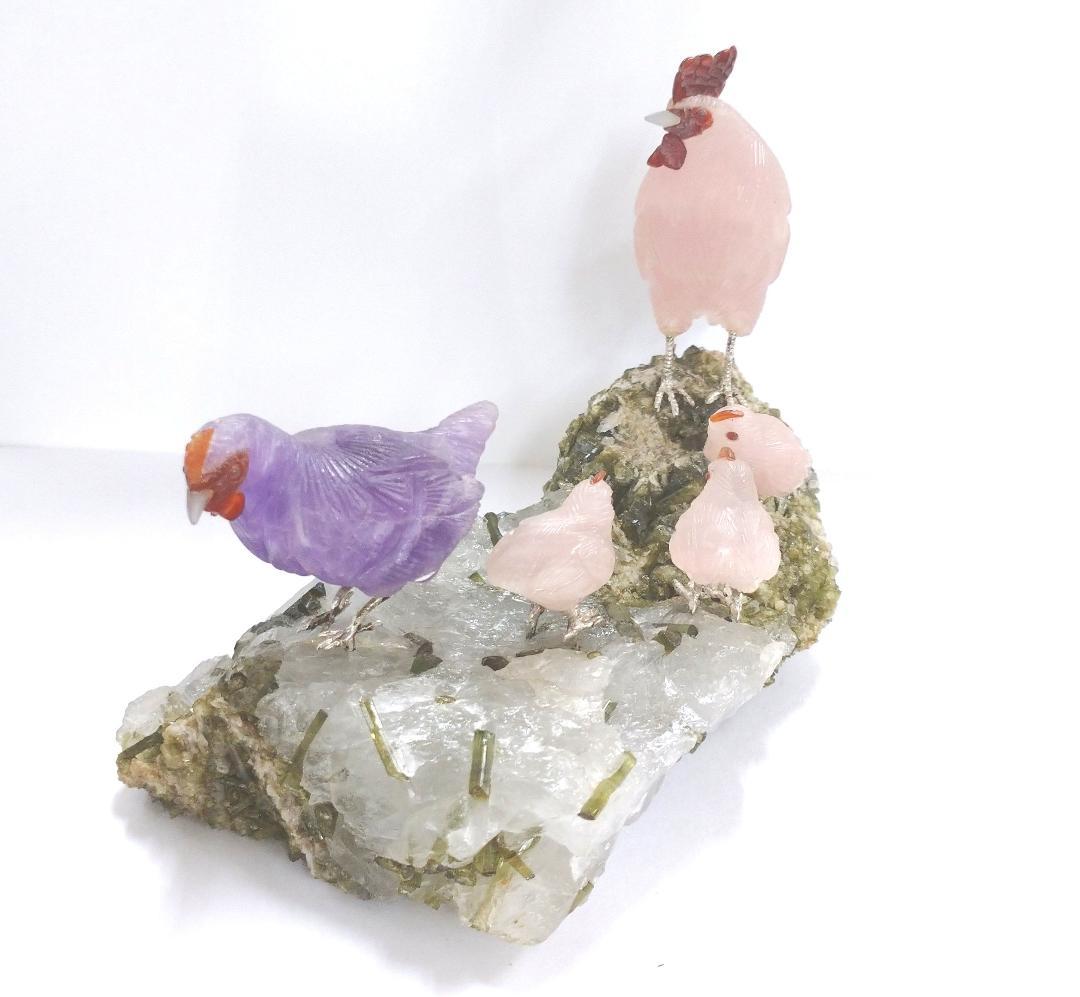 【開運】縁起　彫刻　癒し　親子鶏　甲州水晶貴石細工　インテリア　置物