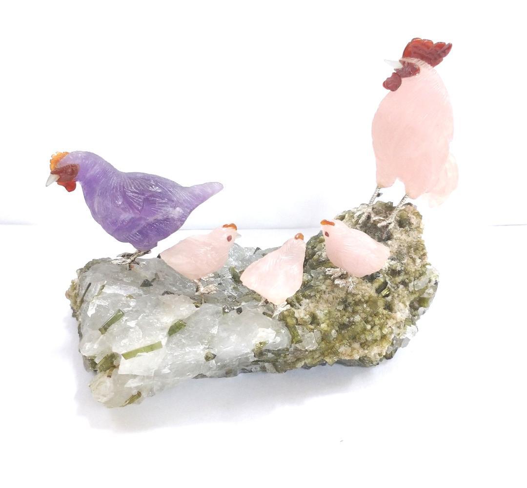 【開運】縁起　彫刻　癒し　親子鶏　甲州水晶貴石細工　インテリア　置物