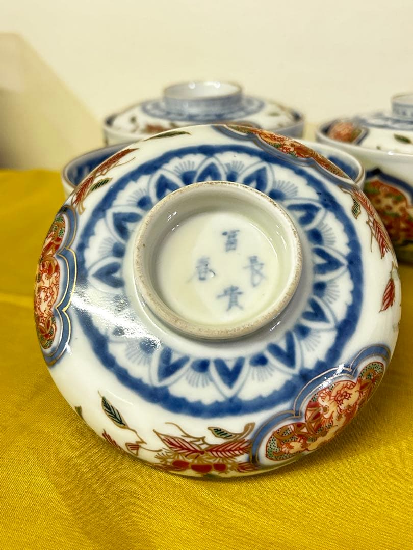 最終処分価格　明治 長春冨貴 伊万里焼 金彩染付 蓋付中鉢 ３客