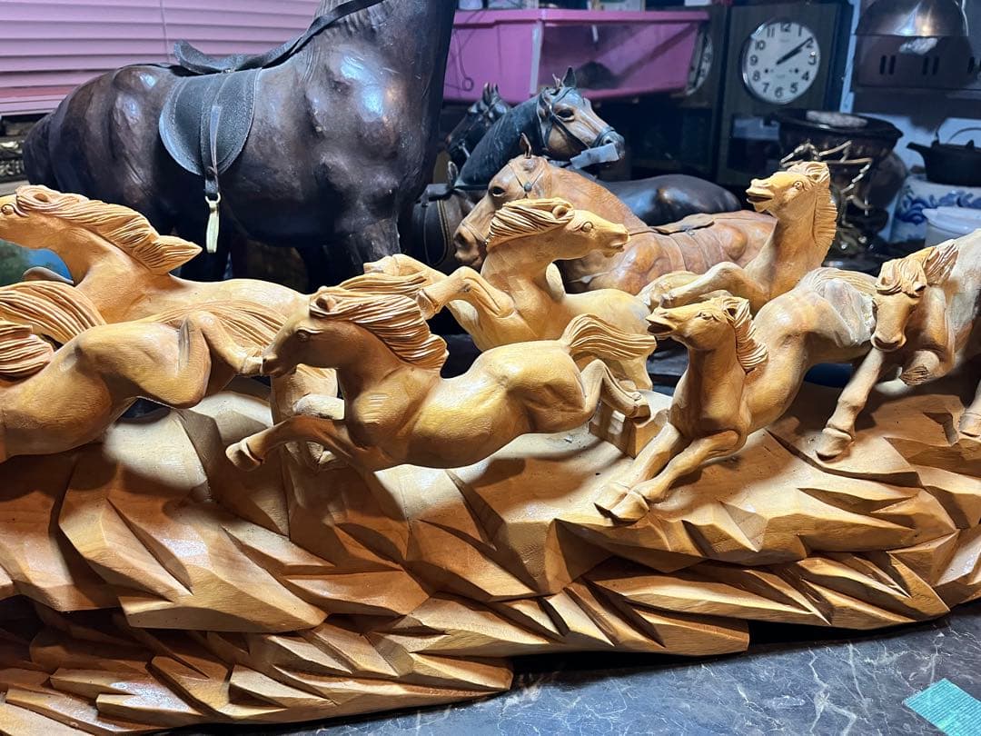 馬の木彫り、 木彫り馬、 うまくいく 特大95センチの木彫り置き物