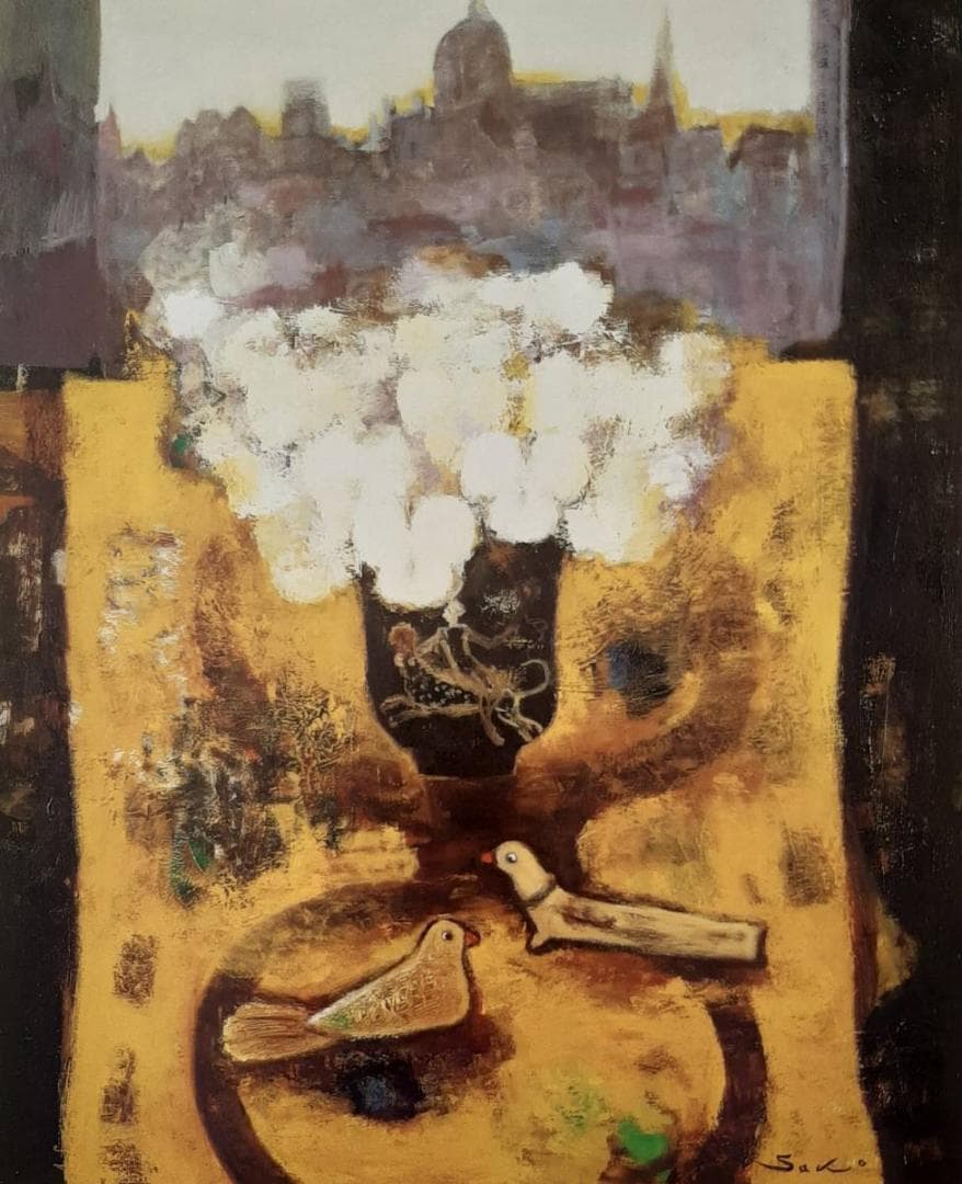 佐光亜紀子、「窓辺の花と鳥」、希少画集の額装画、四季、風景、人気