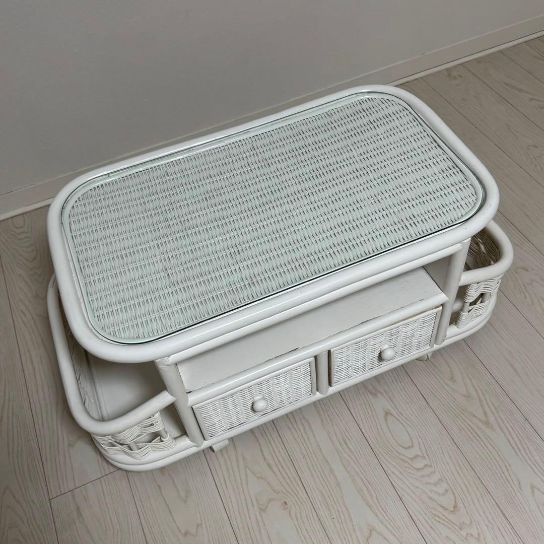 ホワイトラタンアンティークガラスローセンターテーブル