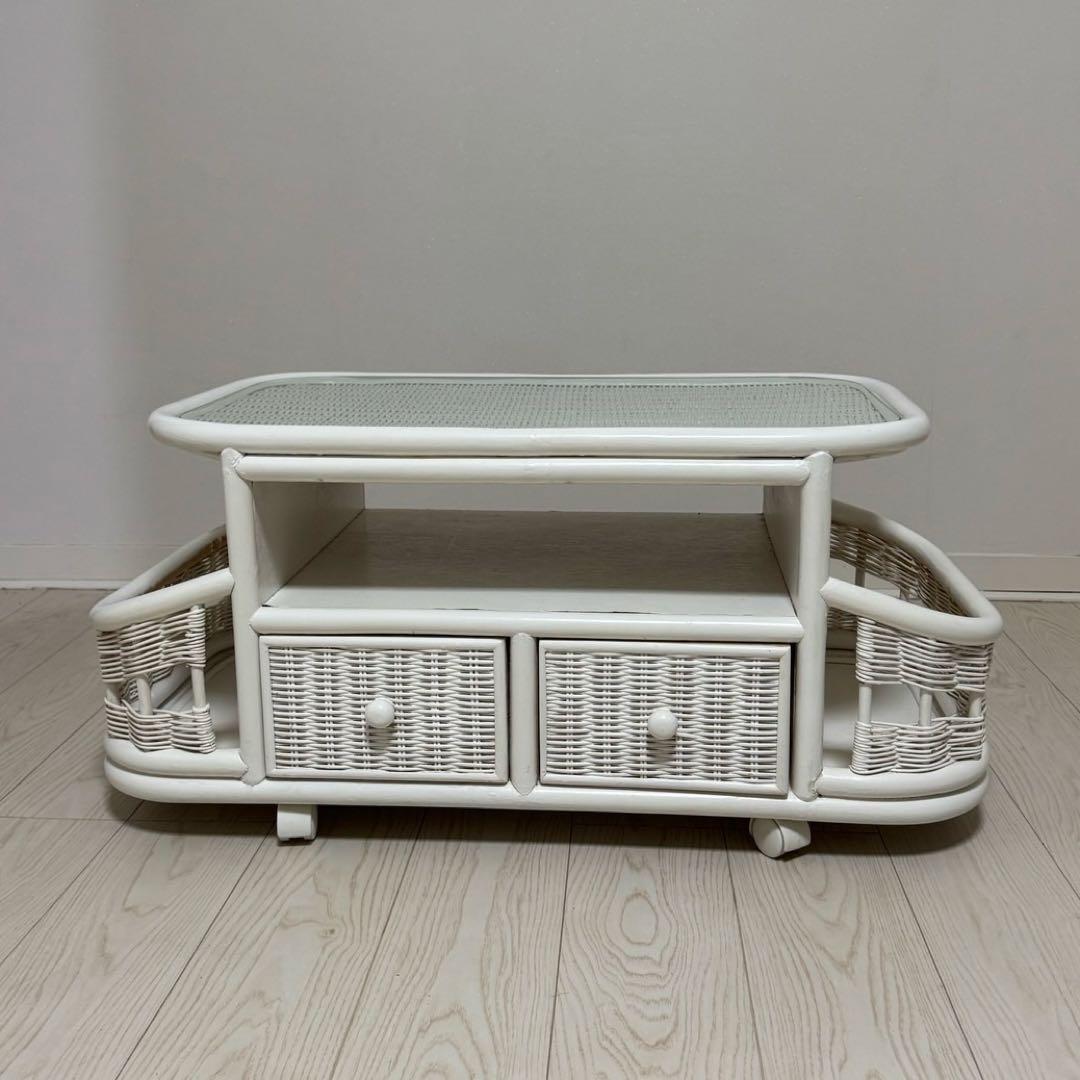 ホワイトラタンアンティークガラスローセンターテーブル