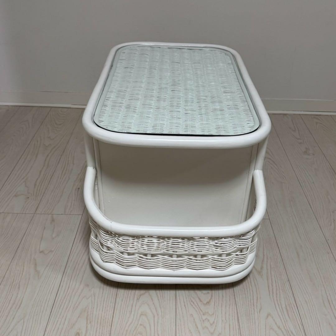 ホワイトラタンアンティークガラスローセンターテーブル