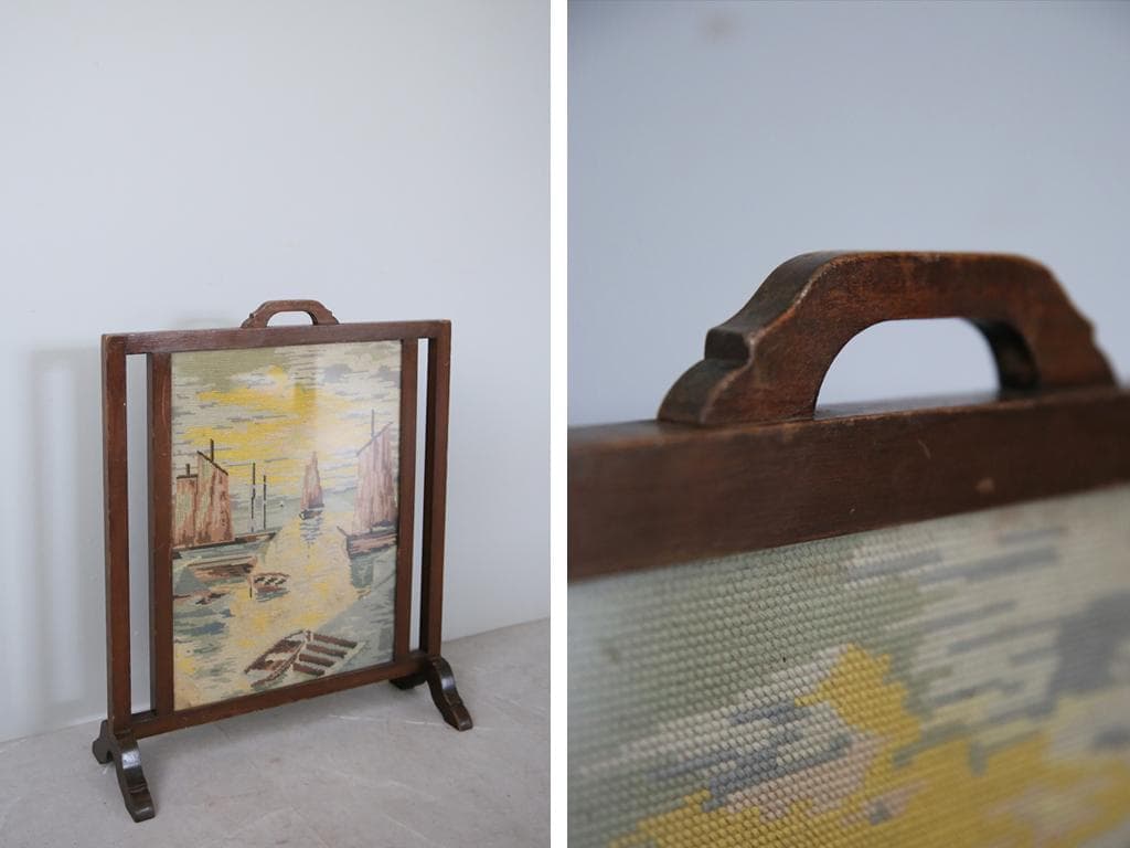 英国アンティーク木製ファイヤースクリーン/衝立/刺繍プチポワン(88