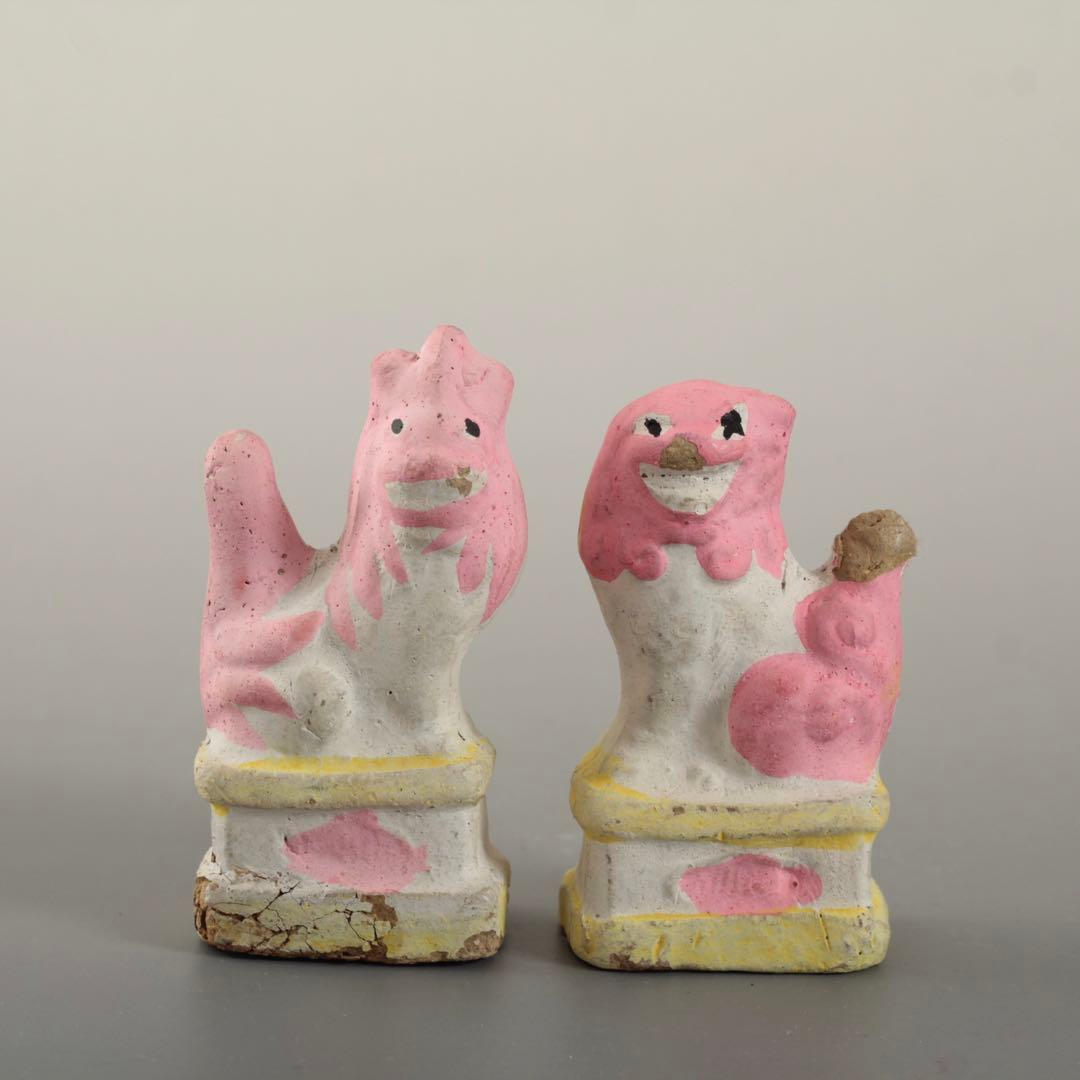 ファンキーな色 土人形 獅子 狛犬 郷土人形 民芸 古道具 オブジェ 獅子と狛犬