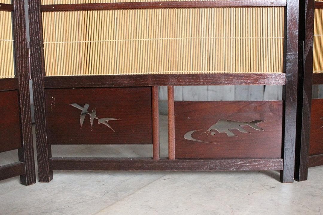 高級　桑材枠×竹簾　屏風　衝立　目隠し　四つ折り　透かし彫り　古民家　古道具