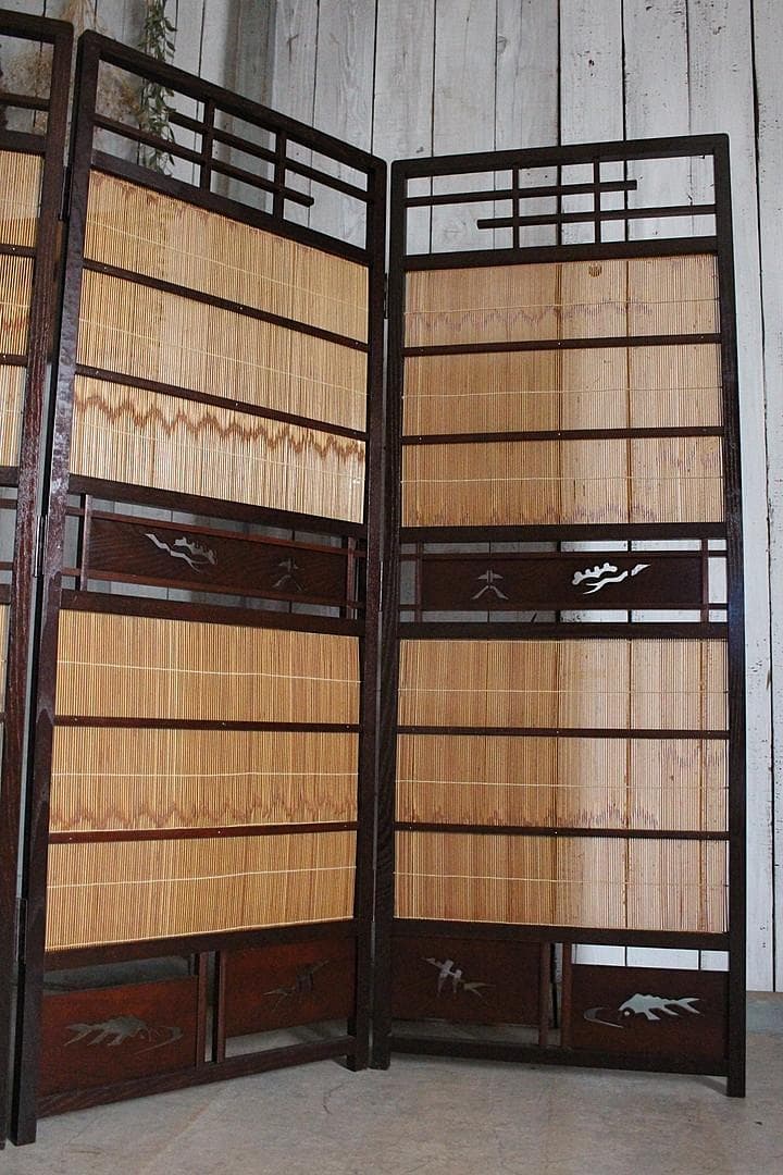 高級　桑材枠×竹簾　屏風　衝立　目隠し　四つ折り　透かし彫り　古民家　古道具