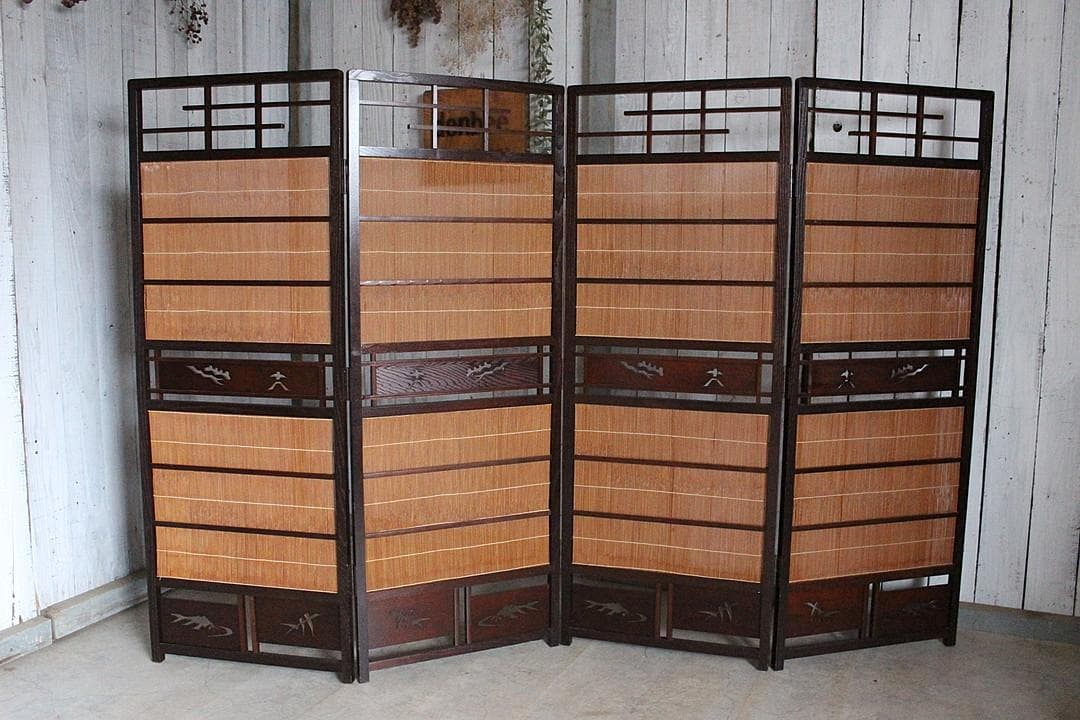 高級　桑材枠×竹簾　屏風　衝立　目隠し　四つ折り　透かし彫り　古民家　古道具