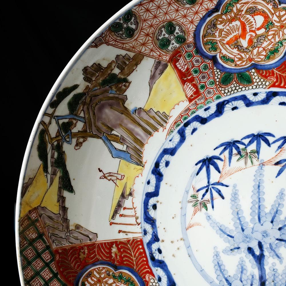 時代物 古伊万里 染錦手 見込に花 竹 松下賢人図 色絵 尺寸大皿 直径40