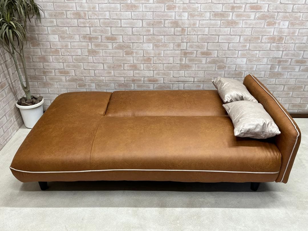 ソファーベッド　ソファ　レザーファブリック　キャメル　新品