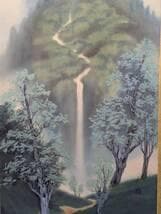 【真作】掛軸　山水画　滝図　青緑山水　山岳と滝　古美術品　合箱入　U56