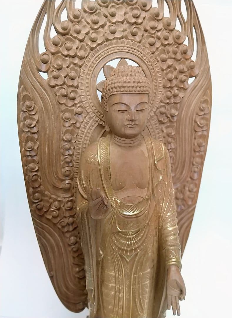 阿弥陀如来立像 6寸#451 舟型来迎雲文光背◇白檀 木彫 仏像