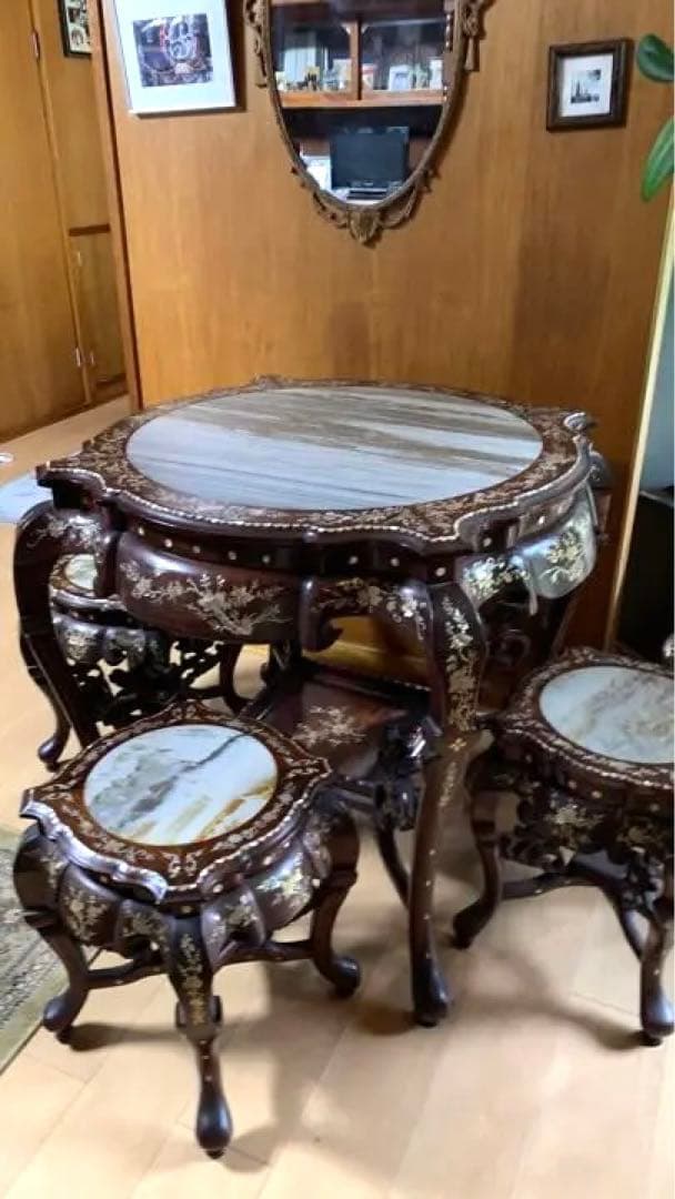 お値下げ交渉チャイニーズテイーテーブたのめるびん配送込み椅子4脚縁起の良い龍の脚