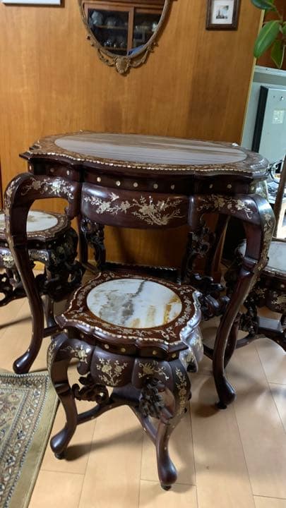 お値下げ交渉チャイニーズテイーテーブたのめるびん配送込み椅子4脚縁起の良い龍の脚