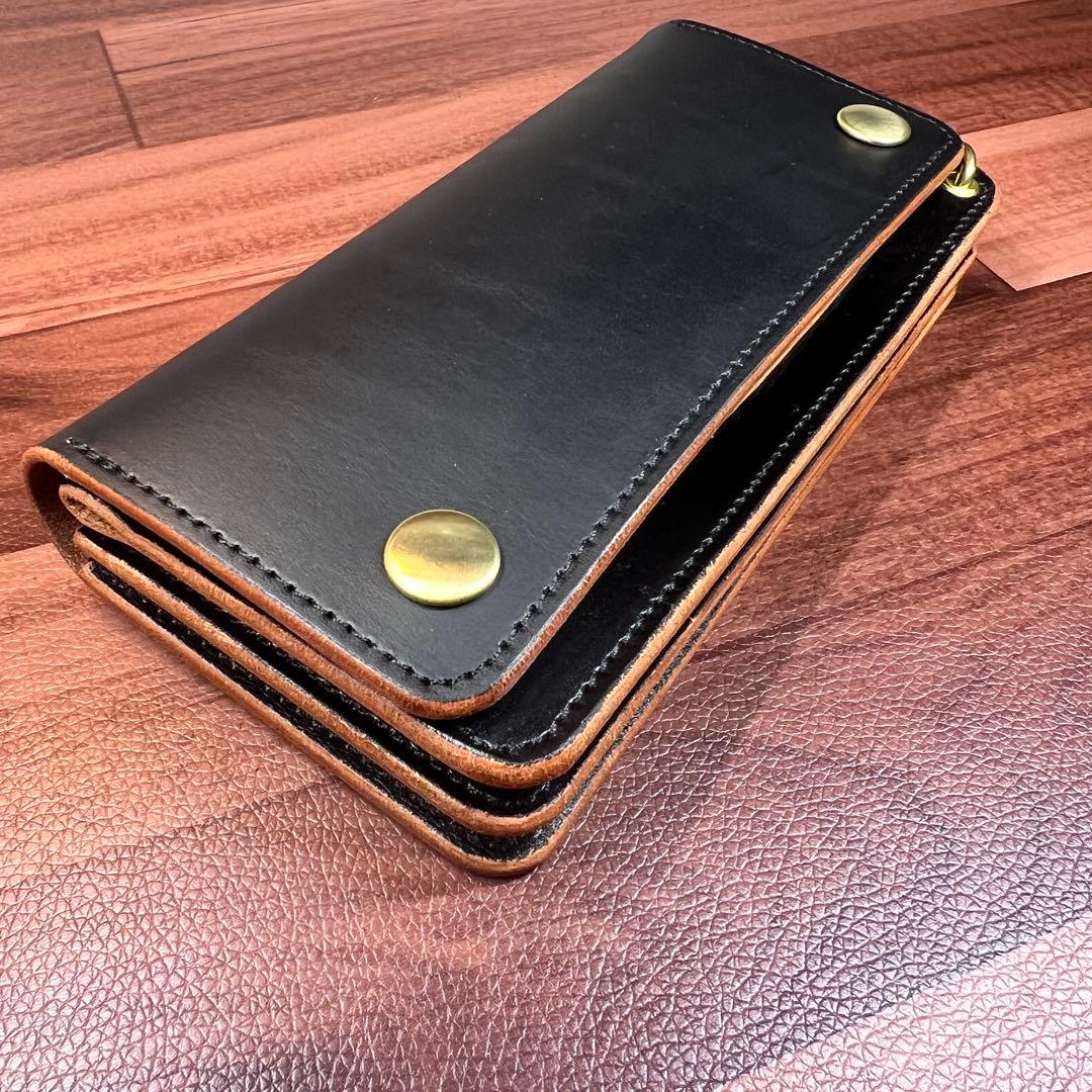 【トラッカーウォレット ロング 3層】 ブラック 茶芯 ゴールド