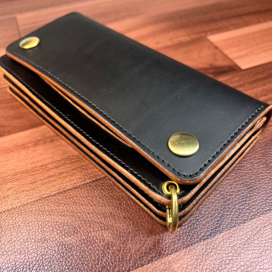 【トラッカーウォレット ロング 3層】 ブラック 茶芯 ゴールド