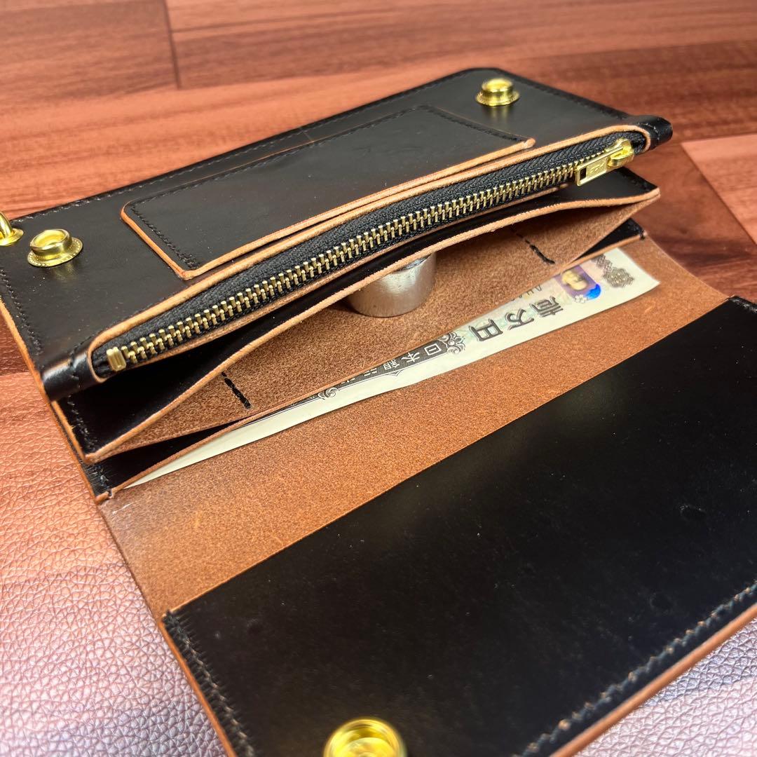 【トラッカーウォレット ロング 3層】 ブラック 茶芯 ゴールド