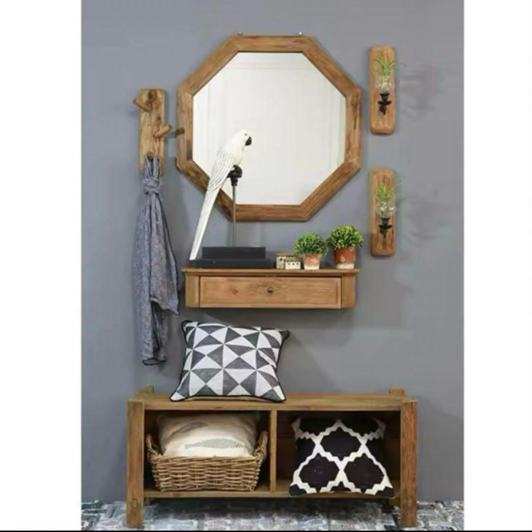 鏡　ミラー　壁掛け　立て掛け　木製フレーム　お洒落　ウッドフレーム　八角形　円形