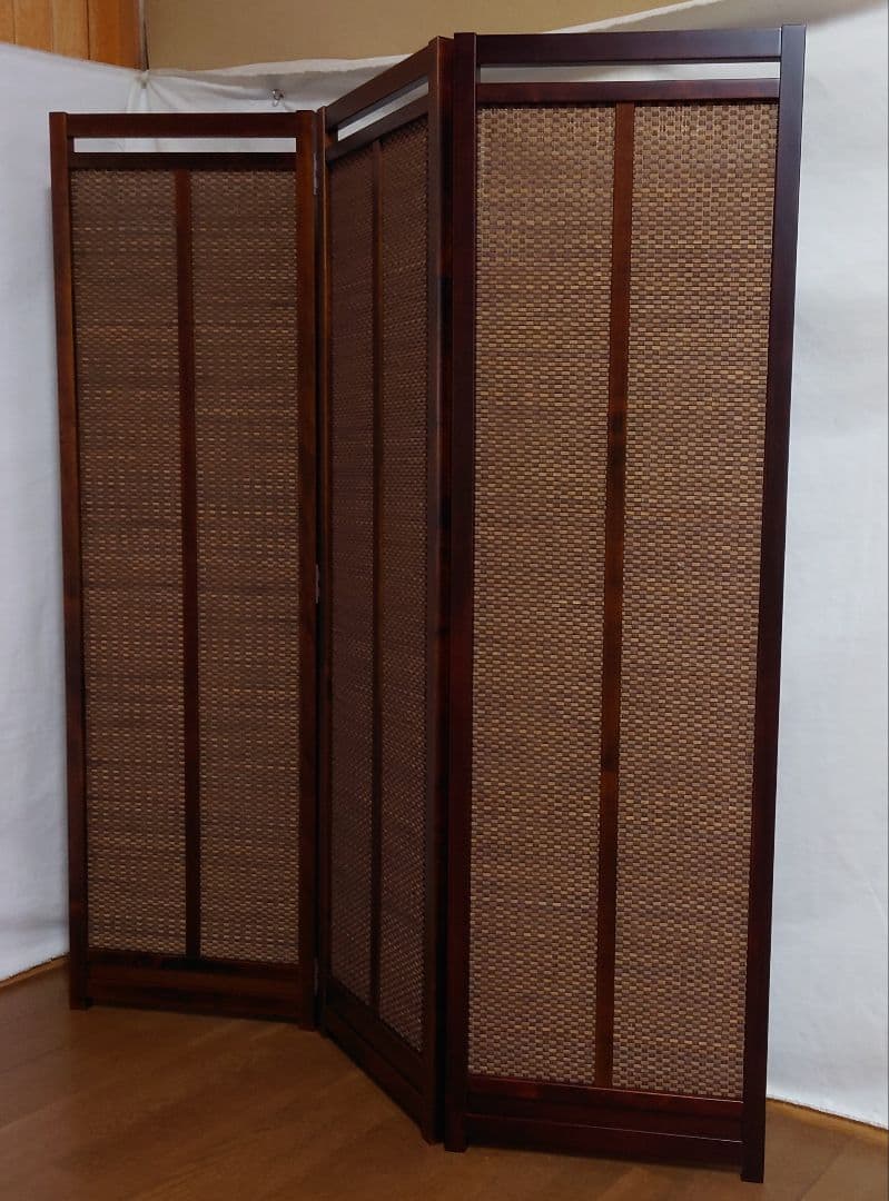 スクリーン　和風モダンパーテーション　3連屏風　変わり織り竹簾使用訳アリ特価　②