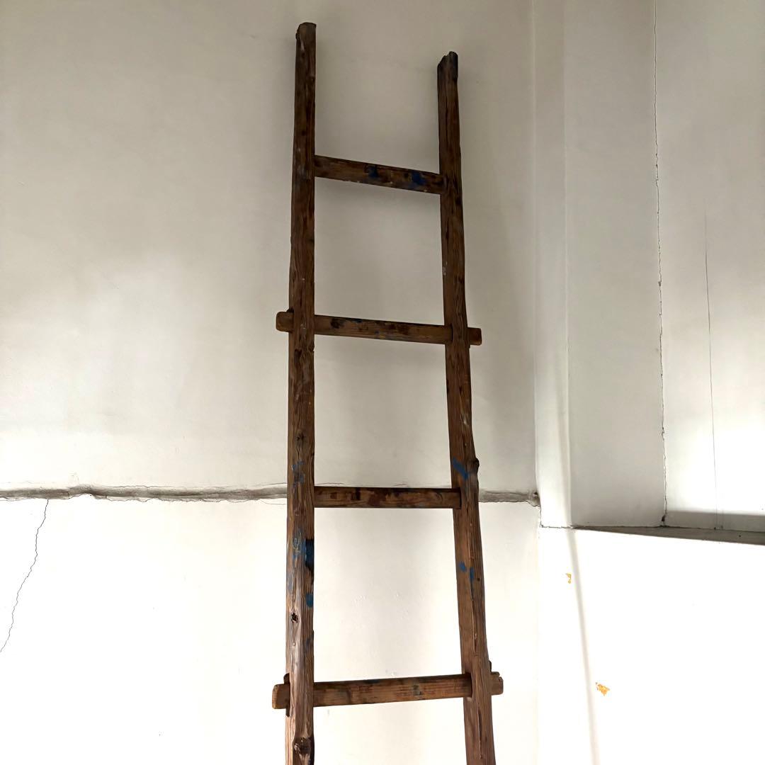 引き取り限定 昭和 レトロ 木製 古い長い梯子 ハシゴ グリーン ハンギング