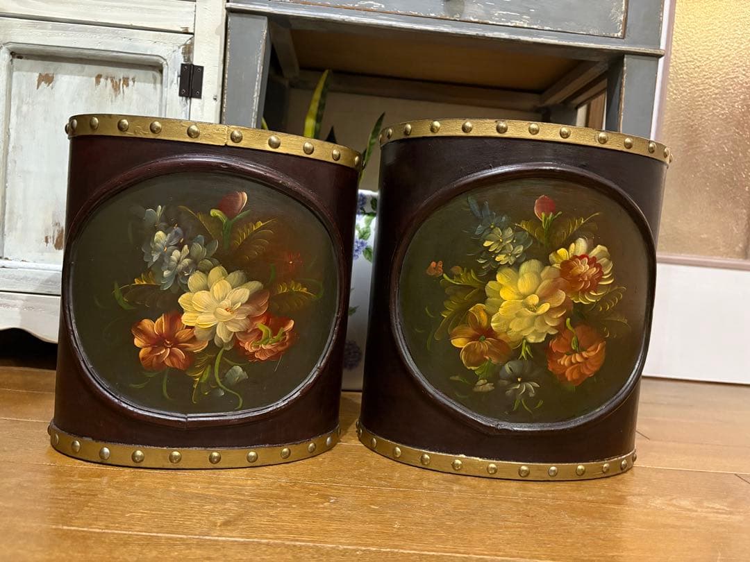 トールペイント木製(ゴミ箱、雑誌入れ等) 未使用品大小セット！