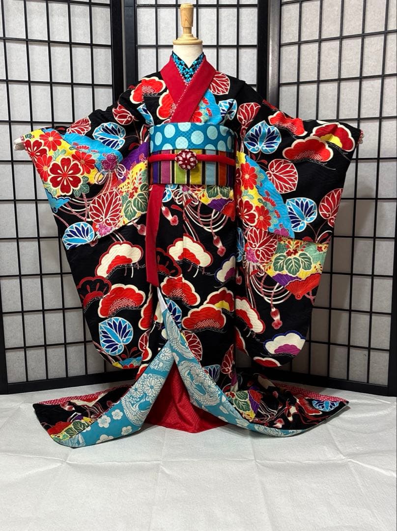 七五三　着物セット　7歳　黒色　だらり帯　舞妓スタイル　JAPAN STYLE