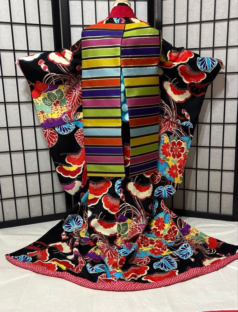 七五三　着物セット　7歳　黒色　だらり帯　舞妓スタイル　JAPAN STYLE