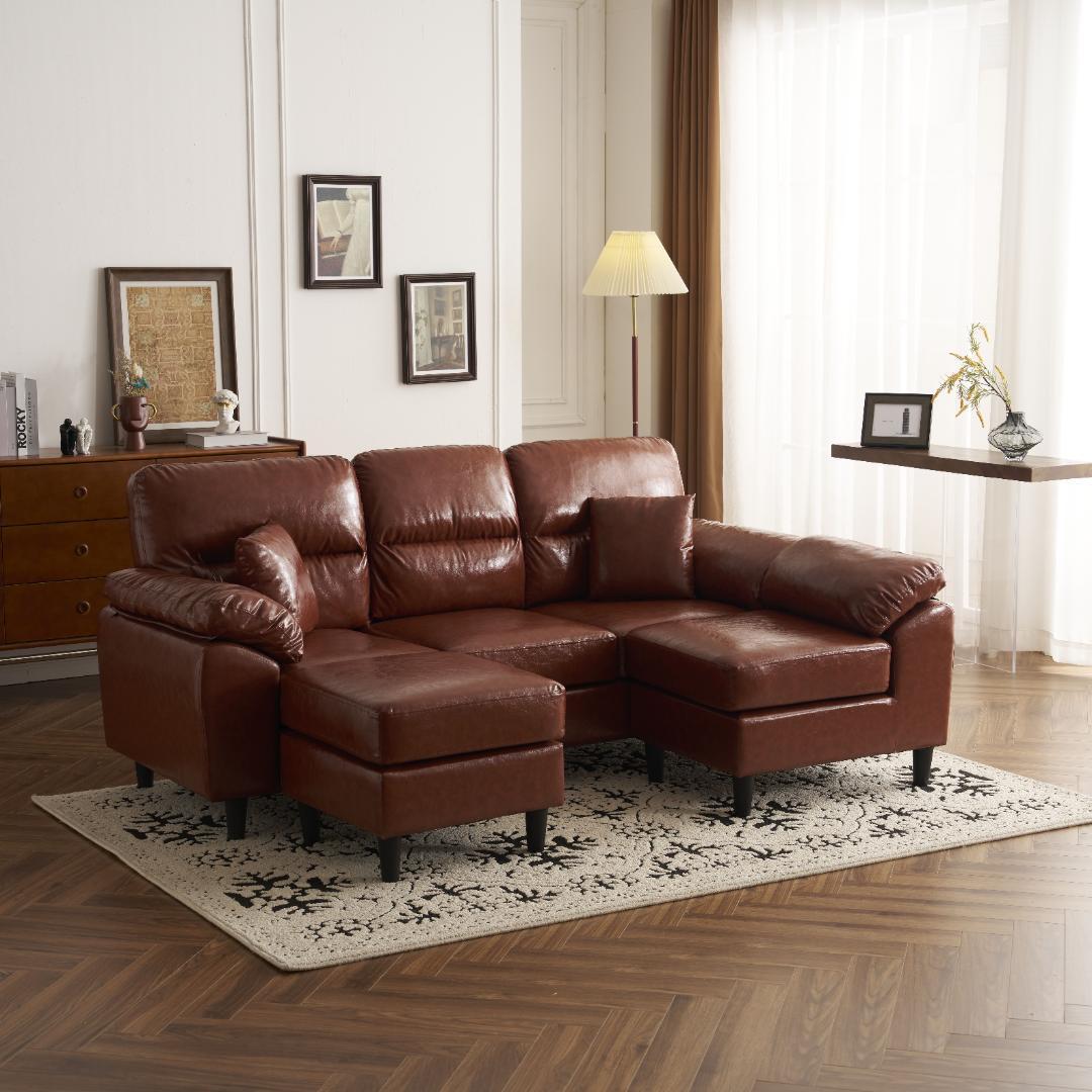 限定セール！ソファ　2-5人掛け　L字　クッション付き　肘付き　BROWN