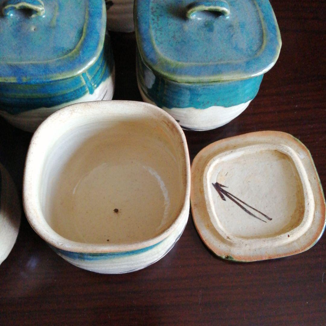 瀬戸焼　加藤作助　織部蓋付四方向付　10客　7.7cm　大正〜昭和初期