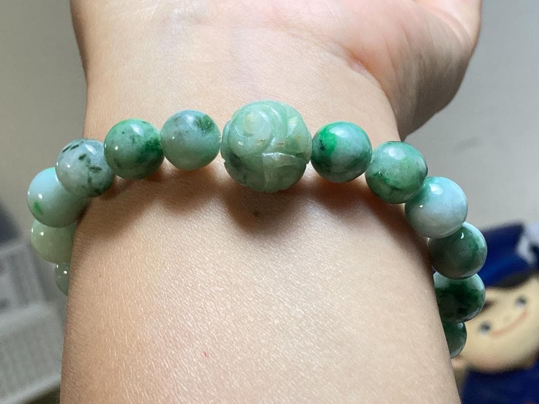 BR7-44 花緑 9.8mm 彫り花珠 ミャンマー産A貨 本翡翠 ブレスレット